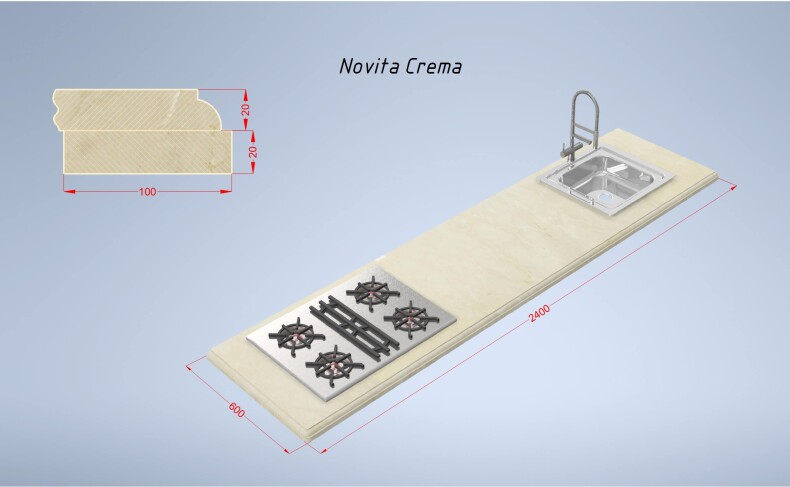 Мраморная столешница Novita Crema 2400*600*(20-40) прямая с подклейкой, бежевая