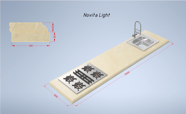 Мраморная столешница Novita Light 2400*600*(20-40) прямая с подклейкой, бежевая