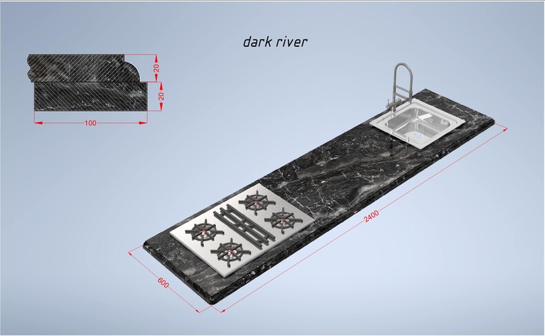 Dark River 2400*600*(20-40) прямая с подклейкой мраморная столешница, черная
