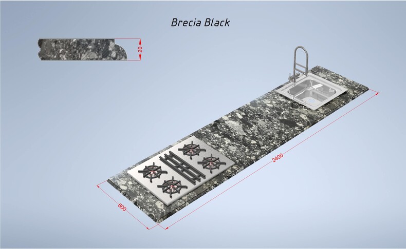 Brecia Black 2400*600*20 прямая мраморная столешница, черная