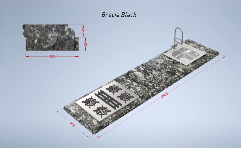 Brecia Black 2400*600*(20-40) прямая с подклейкой мраморная столешница, черная