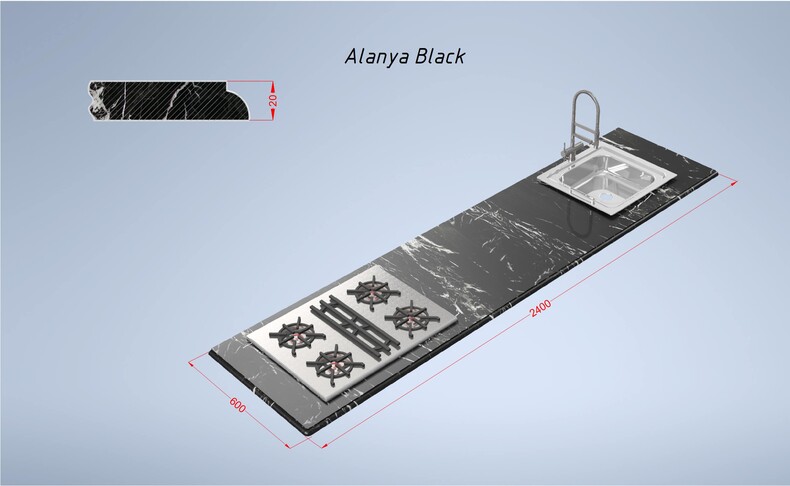 Alanya Black 2400*600*20 прямая мраморная столешница, черная