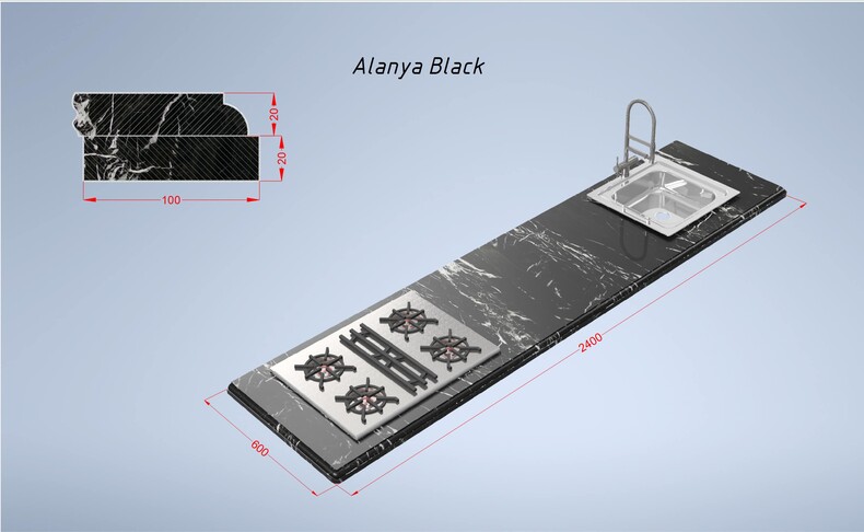 Мраморная столешница Alanya Black 2400*600*(20-40) прямая с подклейкой, черная