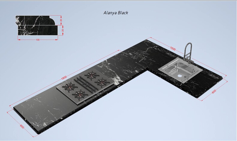 Мраморная столешница Alanya Black 2400*1500*(20-40) Г-образная с подклейкой, черная