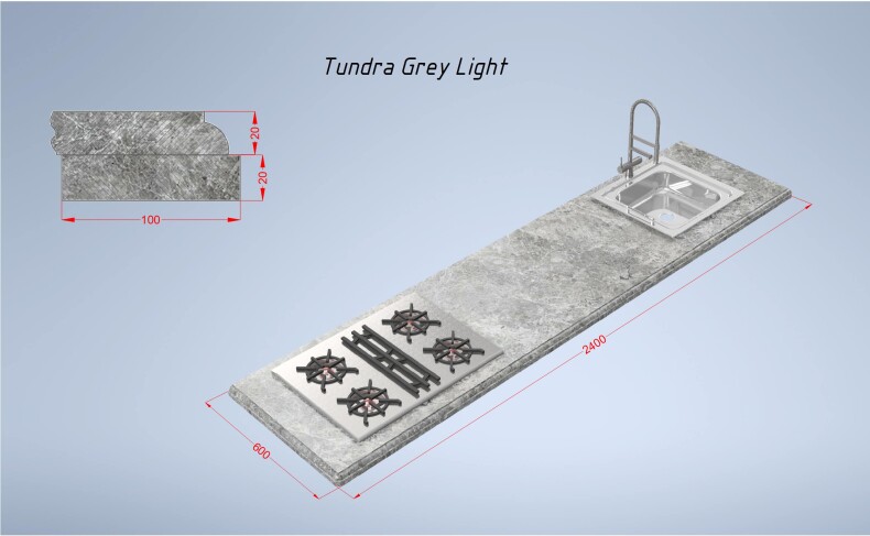 Мраморная столешница Tundra Grey 2400*600*(20-40) прямая с подклейкой, серая