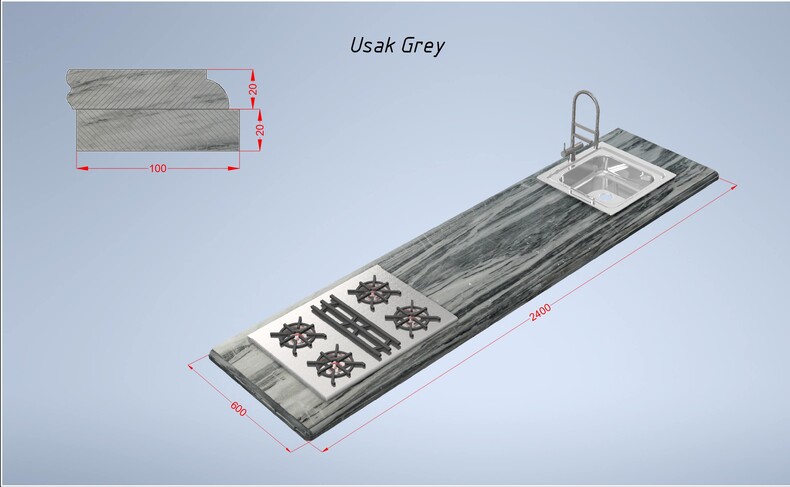 Usak Grey 2400*600*(20-40) прямая с подклейкой мраморная столешница