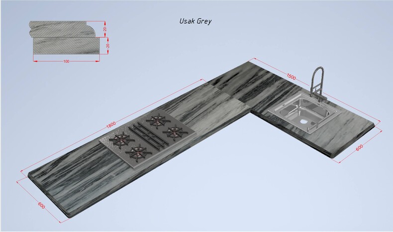 Мраморная столешница Usak Grey 2400*1500*(20-40) Г-образная с подклейкой, серая
