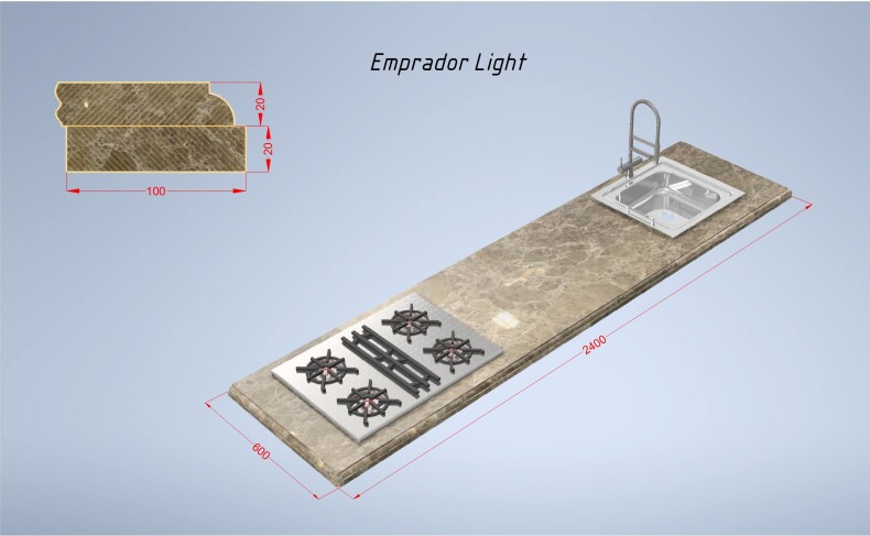 Мраморная столешница Emprador Light 2400*600*(20-40) прямая с подклейкой, бежевая